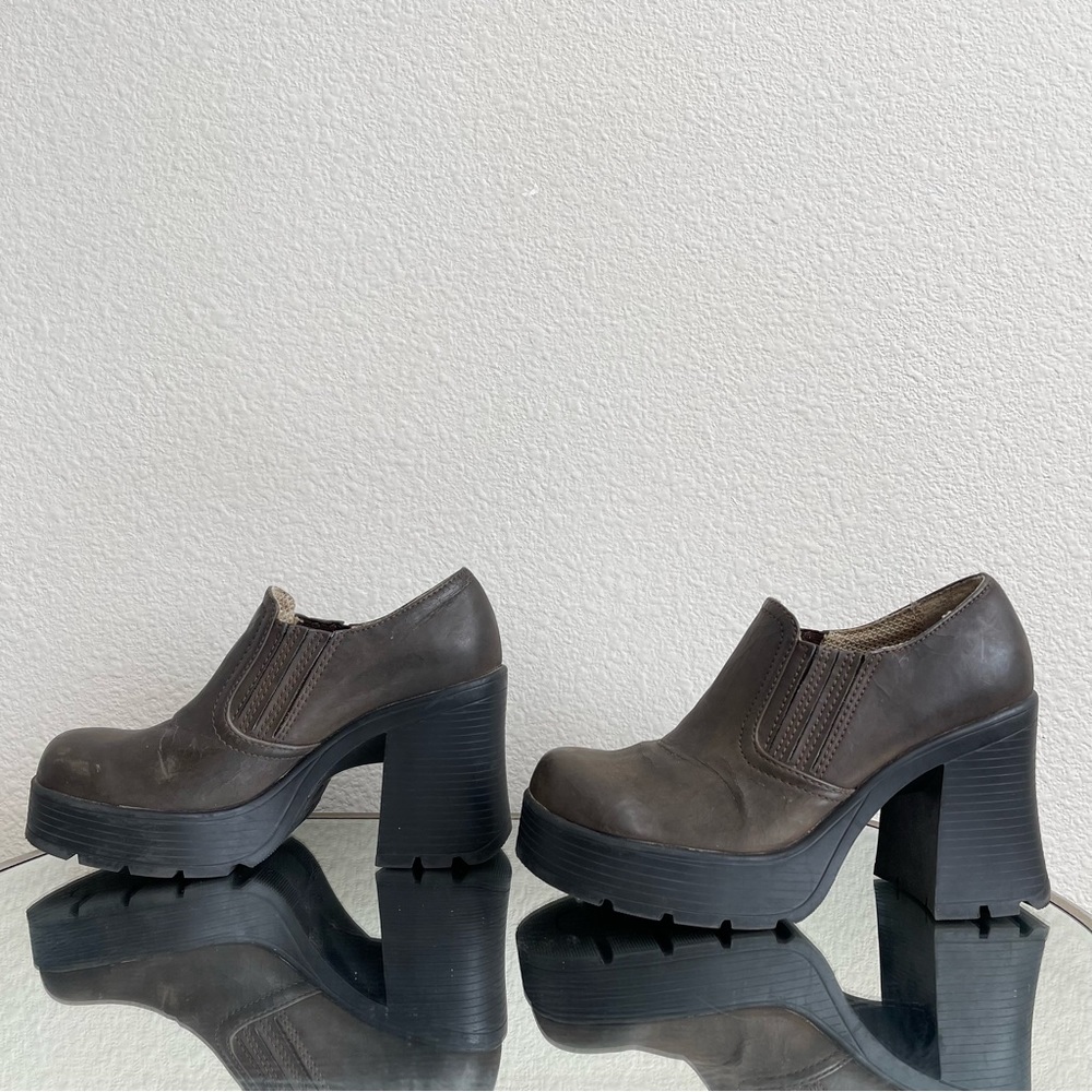 LOWER EAST SIDE Vintage Y2K Brown Faux Leather Chunky Platform Heeled Ankle Boot - Picture 11 of 14